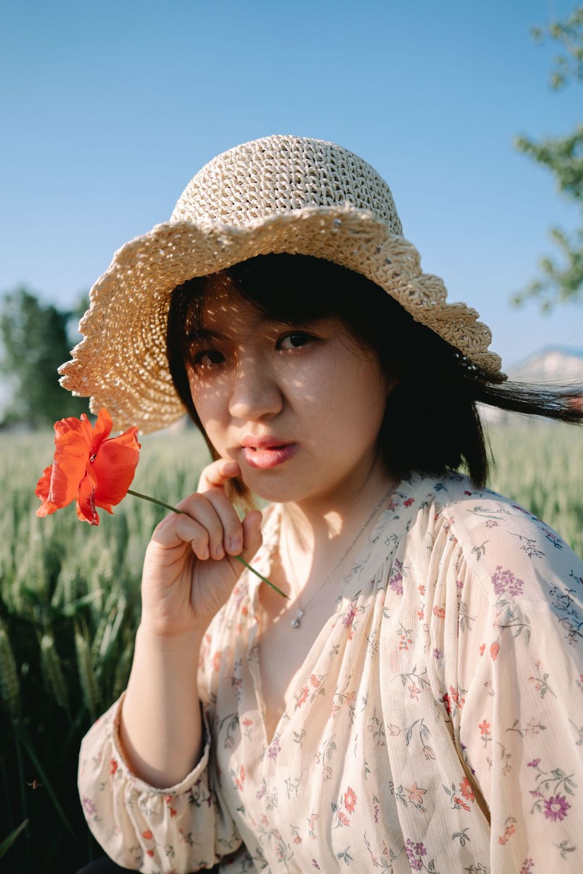 一位穿着连衣裙和帽子 手持红花的年轻女子在田野中。