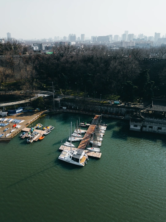一片海域 几艘船在大片水域中