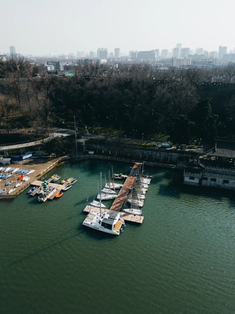 一片海域 几艘船在大片水域中