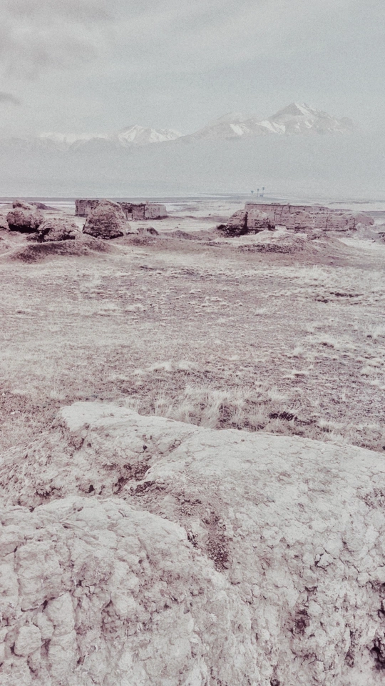 雪景中 消防栓和雨伞架 远处有山。