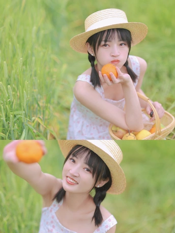 一个小女孩戴着帽子 拿着一个装满橙子的篮子 在草地上。