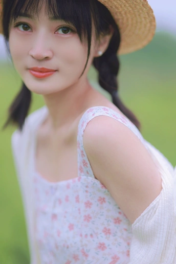 一位年轻女子戴帽子穿裙子在户外的人物肖像