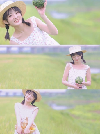 一位穿着连衣裙和帽子 手里拿着水果的年轻女子