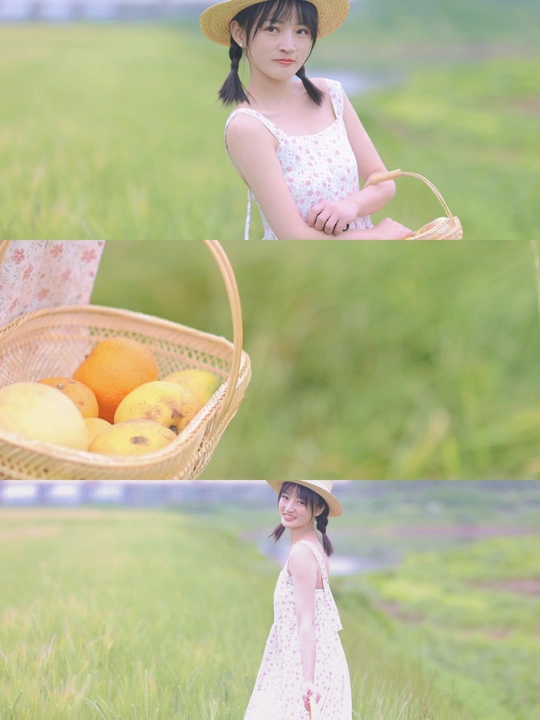 一个小女孩穿着裙子 戴着帽子 拿着一个装满橙子的篮子在田野里。