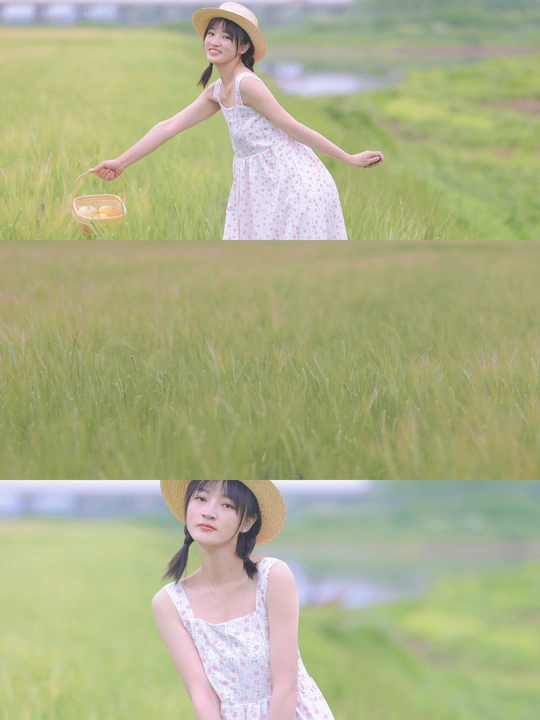 一位穿着连衣裙和帽子站在田野里的年轻女子