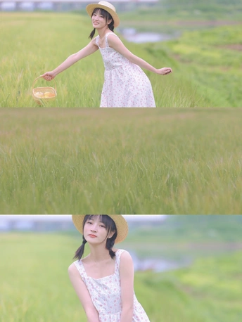 一位穿着连衣裙和帽子站在田野里的年轻女子