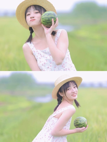 一位戴着帽子 拿着西瓜的年轻女子在田地里