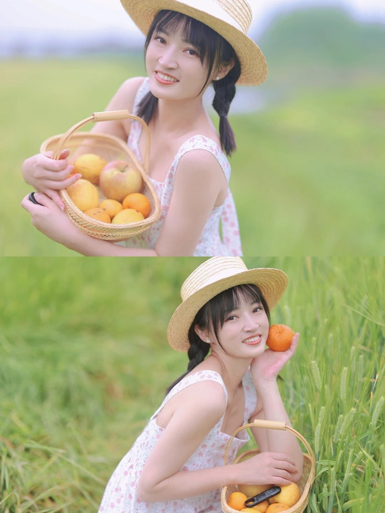 一个戴帽子年轻女子手持一篮子橙子在草地上