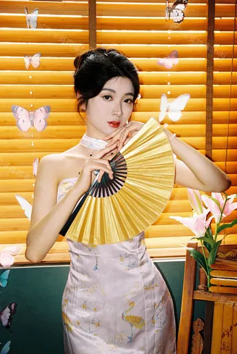 和服着装的年轻女子手持带有蝴蝶图案的扇子