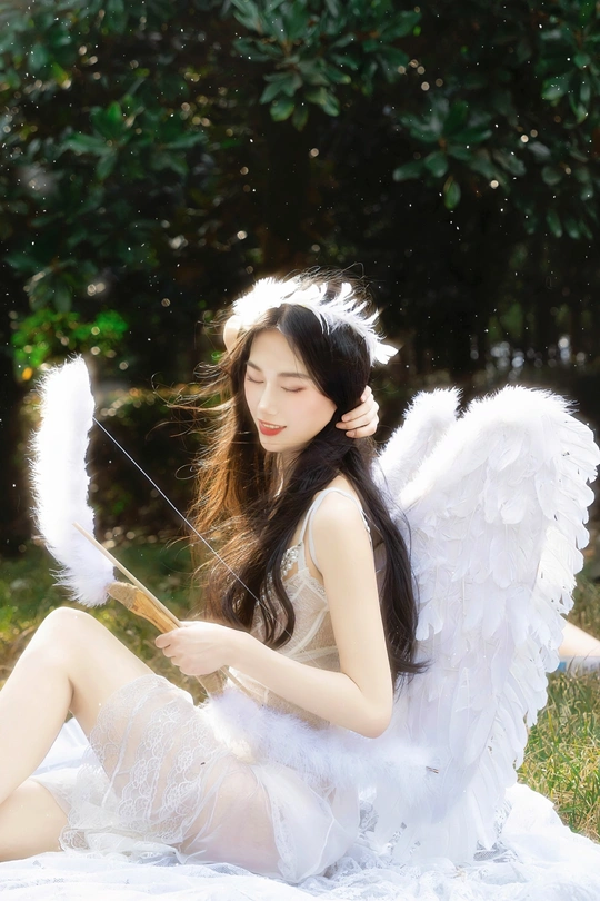 一位有白色翅膀和一本书在草地上的女人