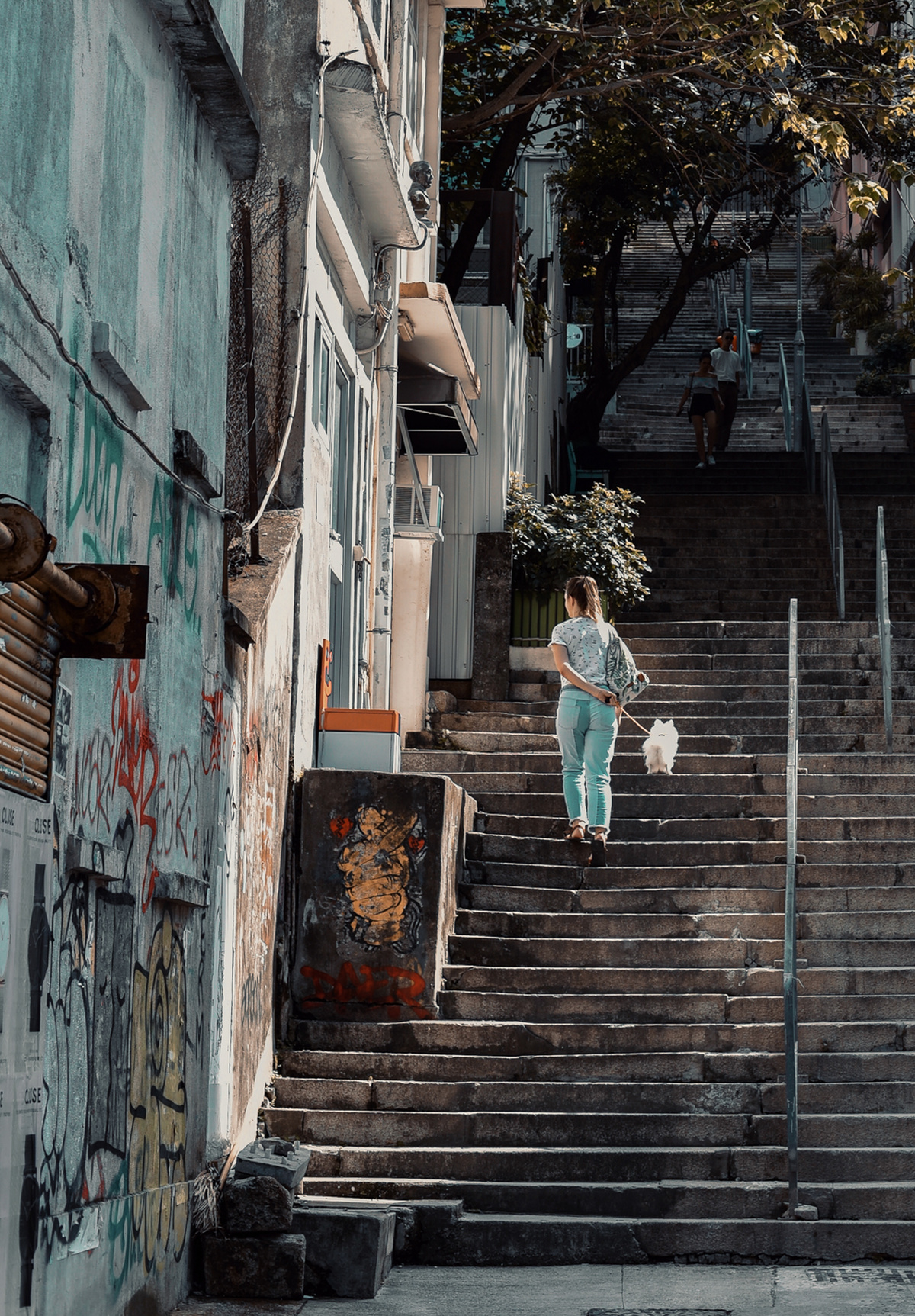 一位穿着蓝色连衣裙的年轻女子走上了一些台阶 前往一座破败的建筑。