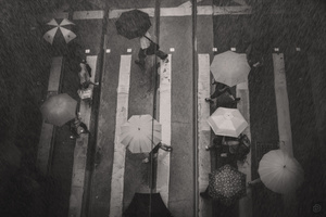 人们打着伞在雨中走下街道