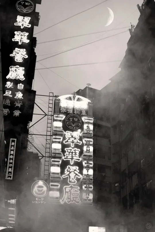 一张黑白的城市夜景照片 有月亮和建筑物。