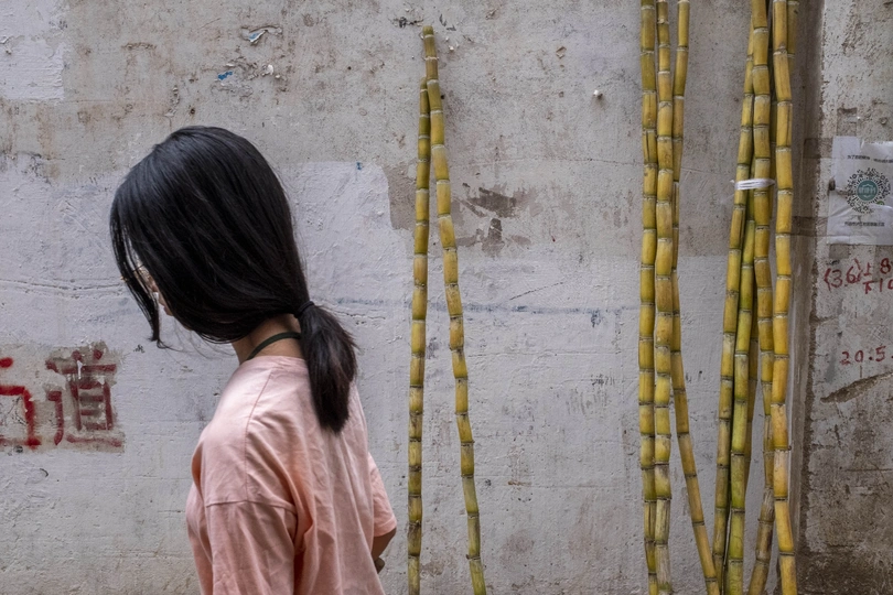 一个小女孩走在街上 看着一堵长满竹子的墙