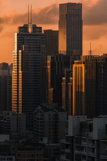 夕阳西下 落日余晖映照在高楼大厦的天际线上。