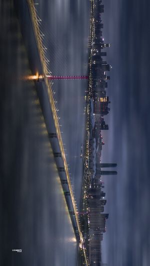 夜晚的悬索桥 城市灯光 摩天大楼在雾中。