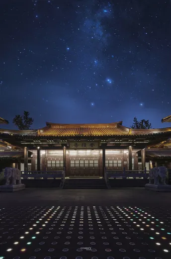 夜晚点亮的寺庙 天空中繁星闪烁