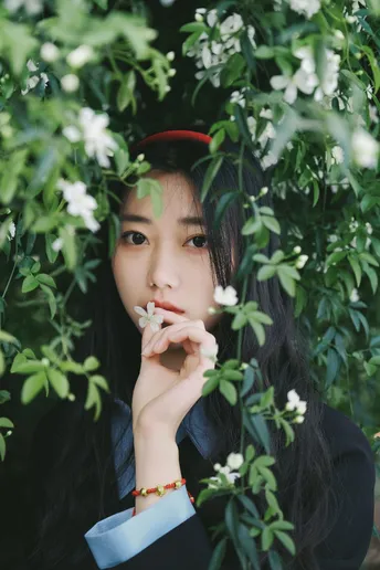 一位女士在开满白色花朵的灌木丛中吸烟