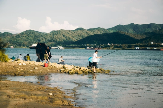 一个男孩和一个男人在湖边钓鱼 同时一头牛站在水中。
