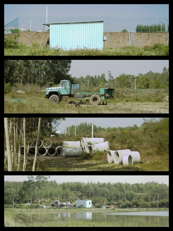 一系列照片展示了一辆卡车、一台拖拉机和一座带有管道的建筑物在草地上。
