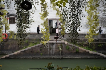 一个有植物垂吊的池塘 背景是一座有人的建筑 人们走在池塘边 坐在水边的长椅上。