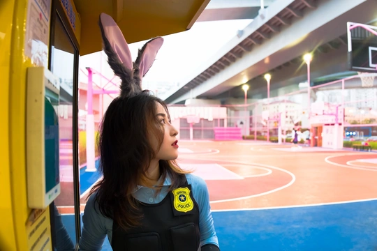 一位年轻女子站在公交车上 注视着篮球场。