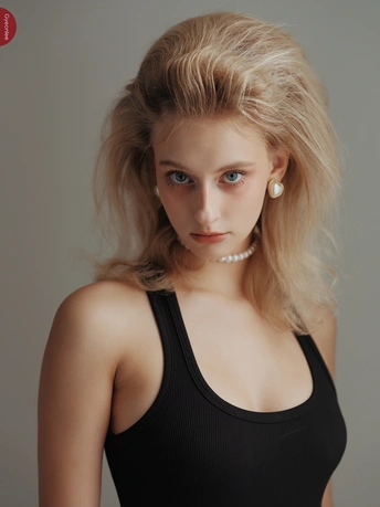 美丽的金发年轻女子穿着黑色连衣裙在灰色背景上摆姿势的照片