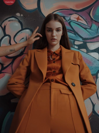 穿着橙色外套的模特儿在涂鸦墙壁前摆姿势