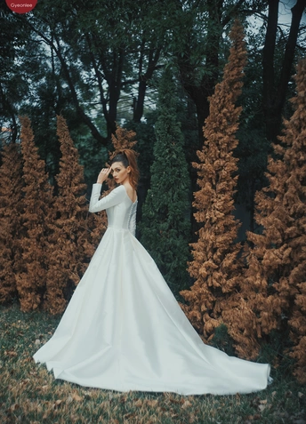 一位长发美女 身着长裙 裙尾拖着长长的裙摆 站在树木和森林中的空地上。