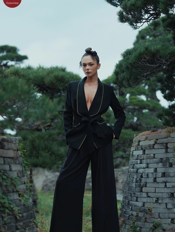 一个穿着黑色长袍的模特站在外面