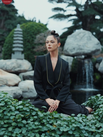 一个全黑的女人在一个瀑布和岩石的花园中摆姿势