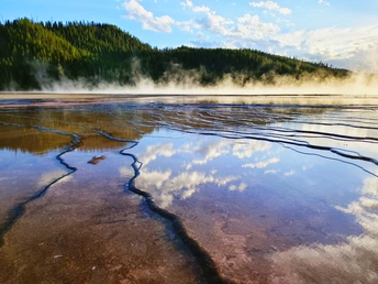 蒸汽从间歇泉中的水坑中升起。