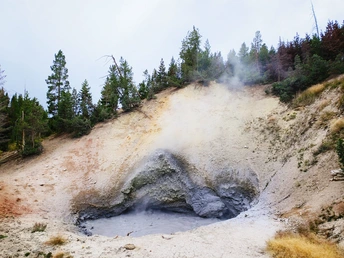 一个热气腾腾的池塘 地面上有蒸汽上升。