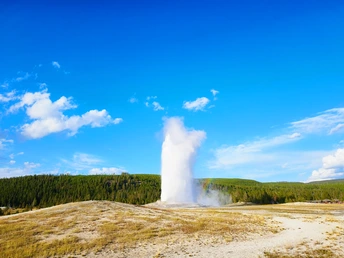 喷涌着水汽的间歇泉向蔚蓝的天空喷射。