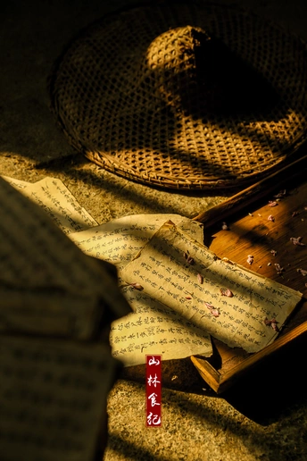 一张木桌 上面有帽子、纸和篮子