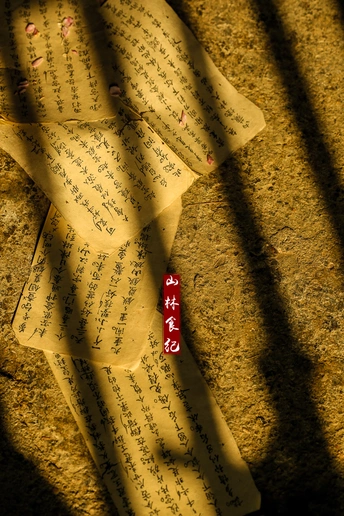 墙上有阴影的地板上写着中文的旧纸