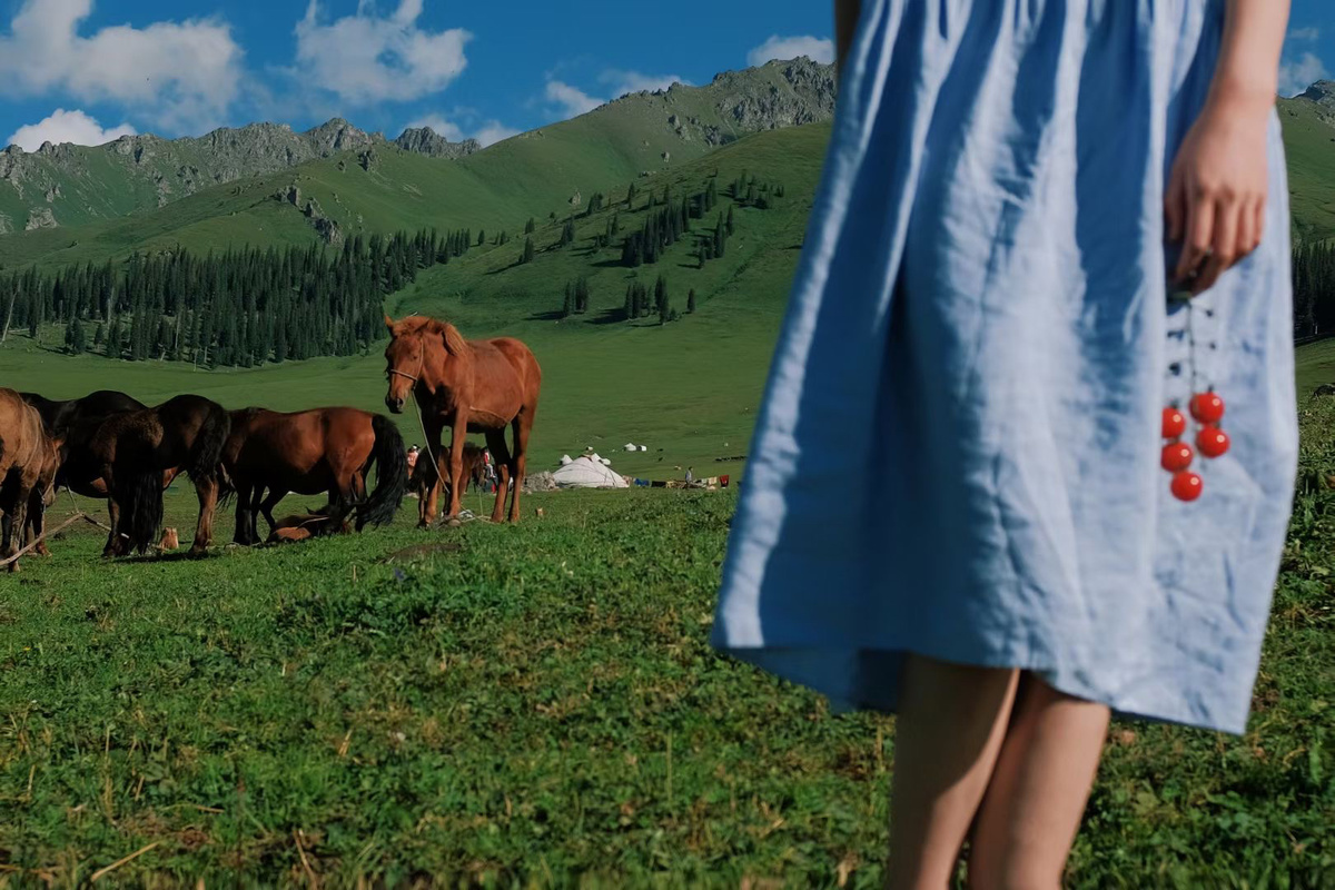 一位穿着蓝色连衣裙的女士站在一片绿色的草地上 远处有马在吃草。