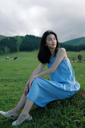 一位穿着蓝色连衣裙的美丽年轻女子坐在一片绿草地上