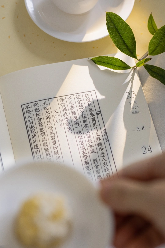 一个人拿着一个带有植物叶子的白盘子和一个茶杯在盘子上