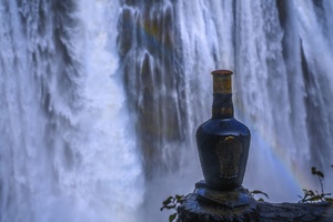 坐在碧水瀑布前的一瓶葡萄酒