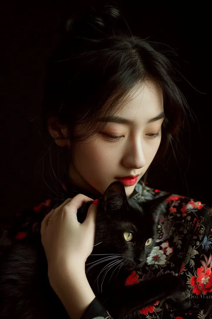 抱着黑猫的女人