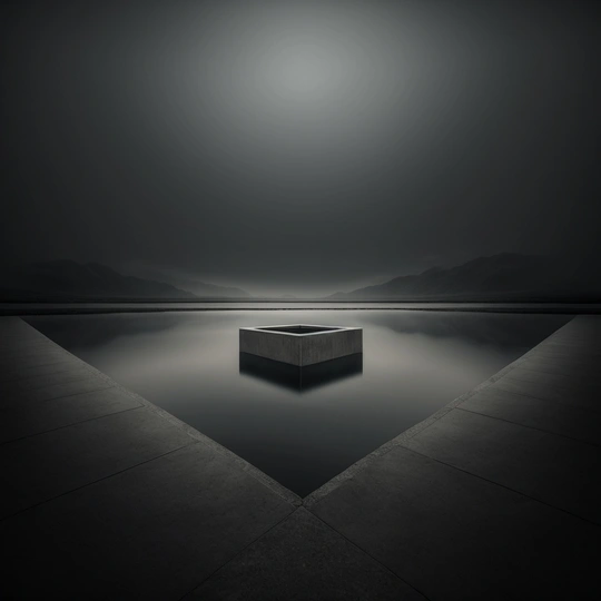 一个在昏暗房间里的平台上有一个3D立方体和水。