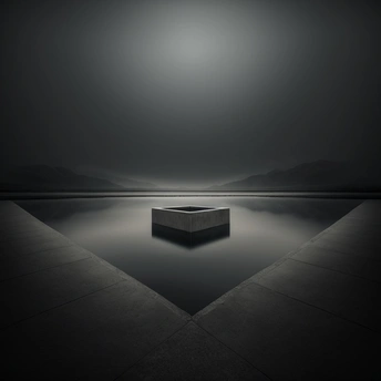 一个在昏暗房间里的平台上有一个3D立方体和水。