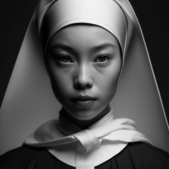 黑白色调的女孩肖像 她身着修女装
