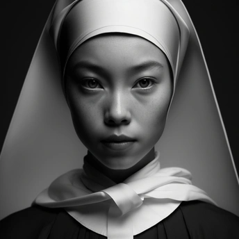 黑白色调的女孩肖像 她身着修女装