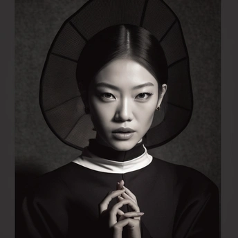 一位戴着帽子的女孩的黑白肖像