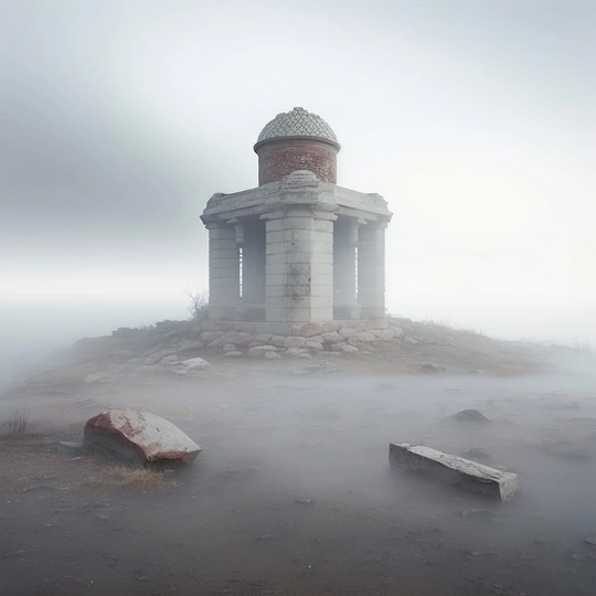 a stone structure sitting in the fog next to the w