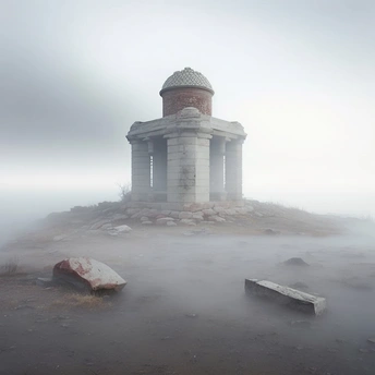 a stone structure sitting in the fog next to the w