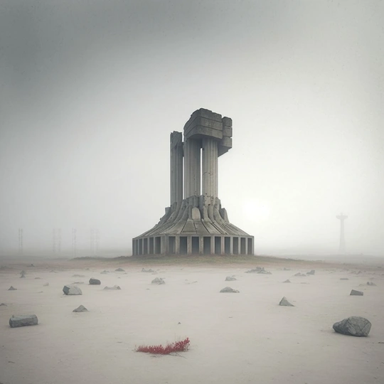 纪念碑在雾中 背景是建筑。