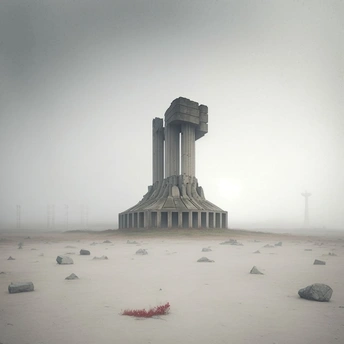 纪念碑在雾中 背景是建筑。